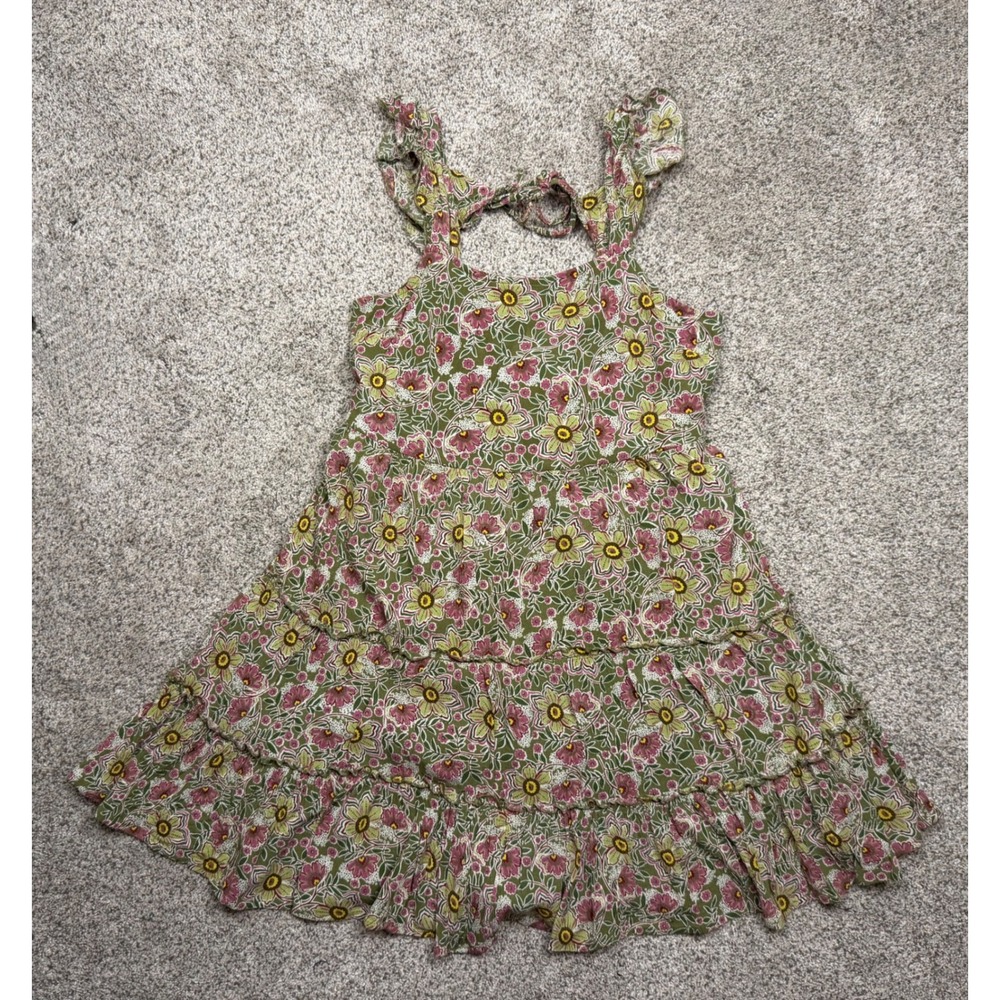 Maurices Mini Dress XS Olive Green Floral Tiered Ruffle Boho Sleeveless Tie Back